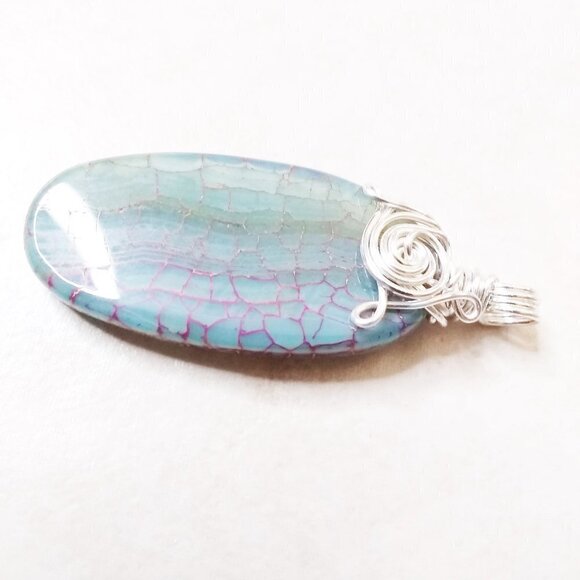 Gorgeous Dragonvein Agate Pendant with Wire Wrapped Bail - Blue Green Color Hues - Picture 7 of 8